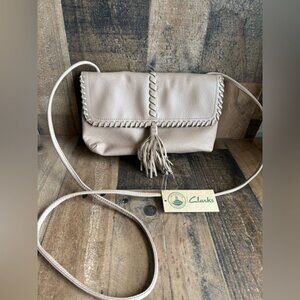 Clarks Small Beige Crossbody Bag With Tassel & Braided Detail Adjustable Strap
